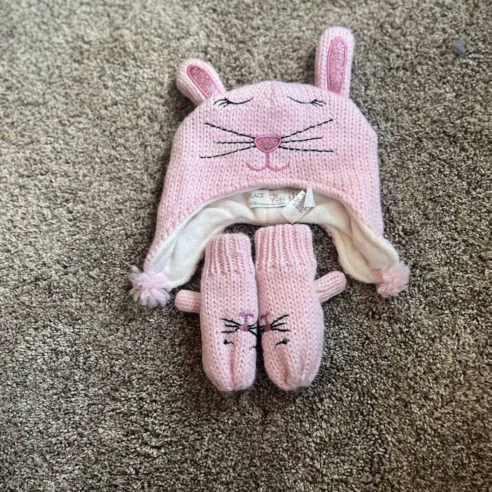 Pink Bunny Knit Hat and Mittens Set